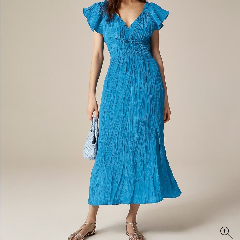 New J.Crew Palermo Crinkle Maxi Dress Nordic Sea Blue Flutter Sleeve V Neck XXS